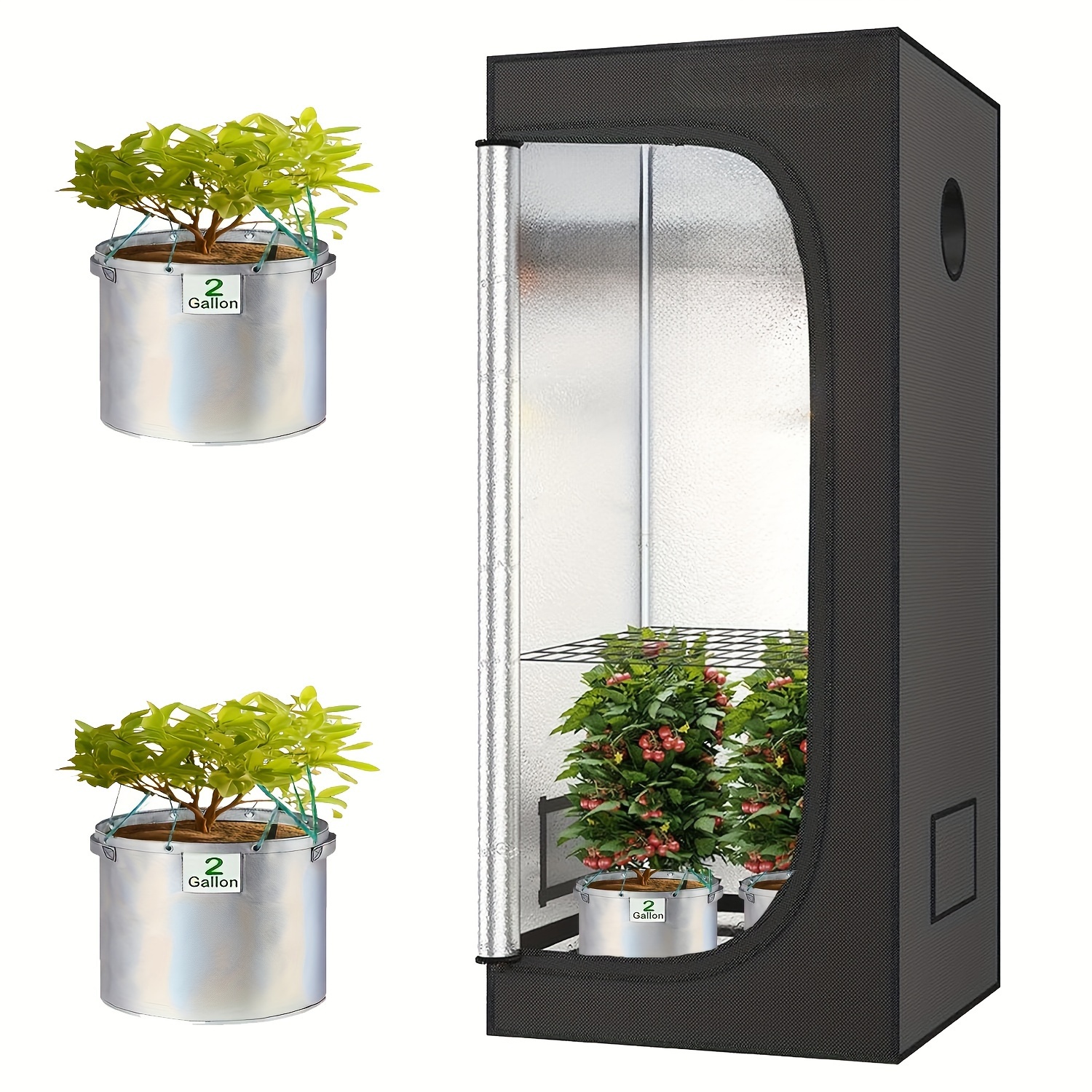 2x2植栽テント1個、7.57L植栽バッグ2個、60.96cm x 60.96cm x  142.24cm室内植物育成テント600Dポリエステルフィルム水耕栽培テント高反射育成テントルーム、床トレイ付き、室内植物と野菜に適しています