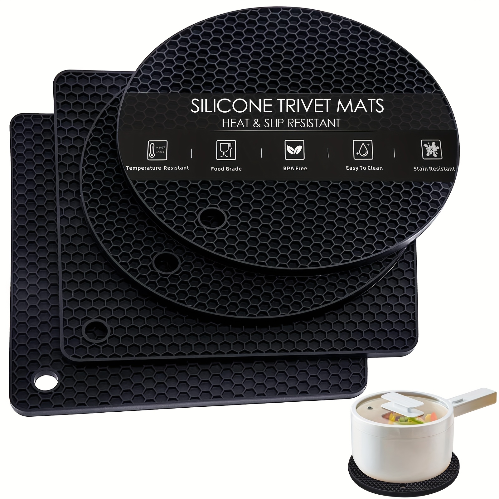 

4pcs Black Silicone Trivets & Pot Holders - Non-slip, Heat Resistant Kitchen Mats For Counters | Soft, Drying Pads With Jar & Coasters