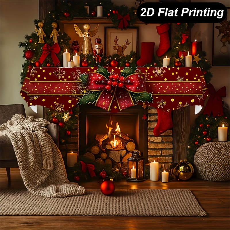 TEMU 1pc 25867031016 Christmas Fireplace Mantel Scarf, Golden Snowflakes Holly Ribbon Polka Dots Fireplace Scarf Cover, 78.7x19.6 Inches, Living Room