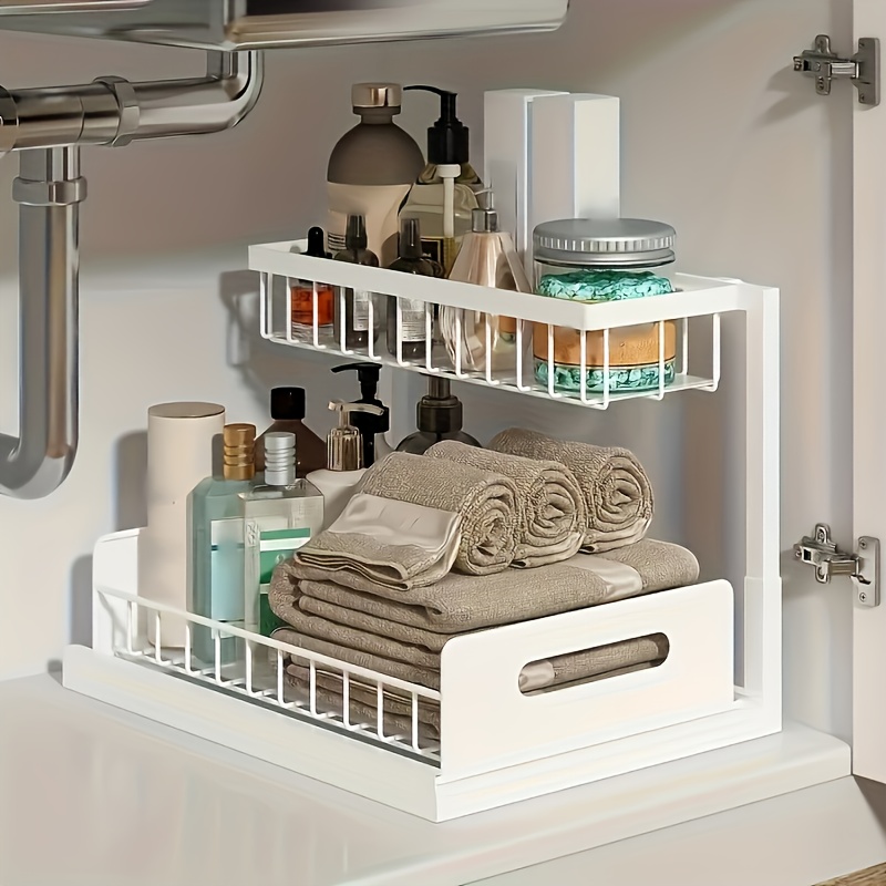 TEMU Étagère de Rangement Télescopique pour Évier Perçage à Double Rail Coulissant | Rangement Universel pour Cuisine et Salle de Bain | Combinaison