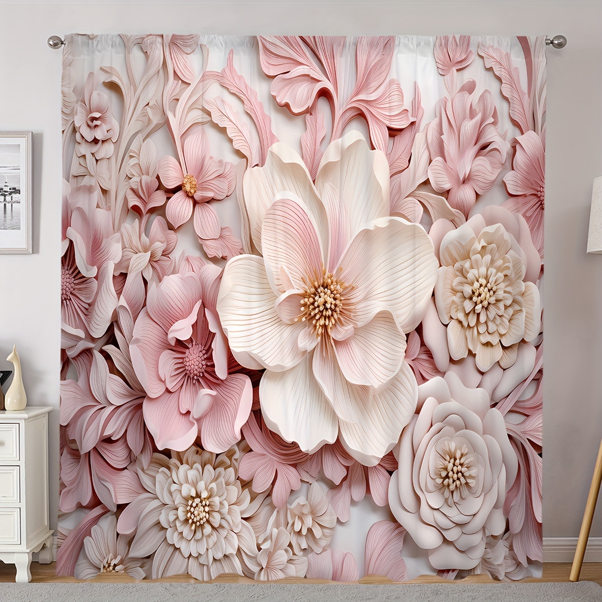 

2-piece Set Classic Peach Skin Velvet Curtain Panels, Semi-sheer Rod Pocket Hanging, Hand Wash Floral Digital Print For Living Room, Bedroom, Study, Dining Room Decor - 120-140g Woven Polyester Design