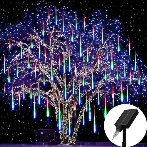 powered meteor shower light string featuring 8 tubes outdoor gardens it in warm blue and multicolor great for occasions like halloween thanksgiving garden walkways and patios