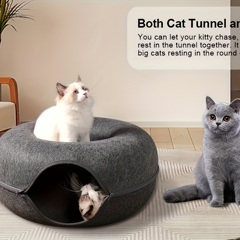 

Extra-large Bed - To 30 Lbs, Detachable & Washable Dark Gray Donut With Tunnel For Multiple Cats, For Winter