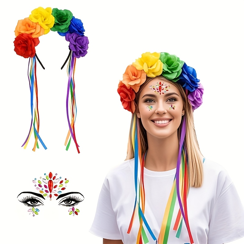 Rainbow Rose Flower Tassel Headband Dress-Up Set