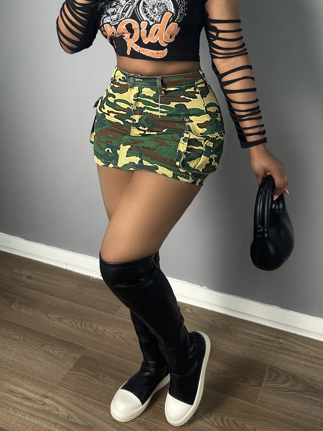 Women's Camouflage Workwear Pocket Denim Mini Skirt, Sexy Body-hugging  Denim Half-body Set, A Must-have for Summer Casual Wear
