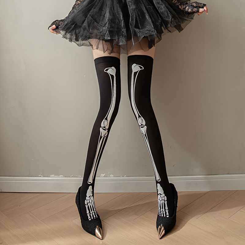 

Women's Skeleton Knee-high Stockings - Nylon And Spandex , Elegant Bone Pattern, Knit Fabric, Hand Wash - 1 Pair