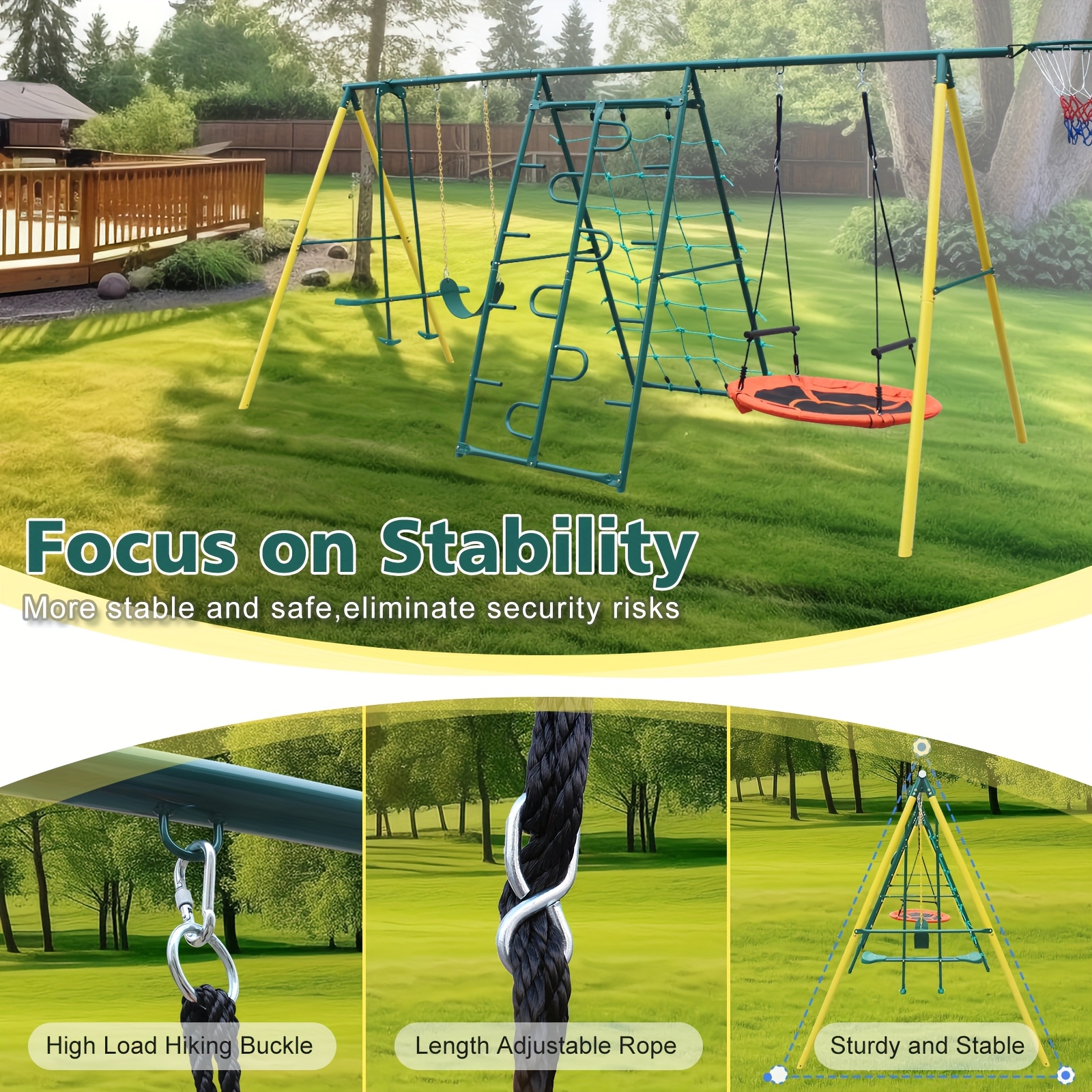 Metal Swing Sets For Backyard For -12, 6in 1 Swing Sets, Heavy-duty Playground Backyard Set With 2 Swings, Glider, Climbing Ladder And Rope