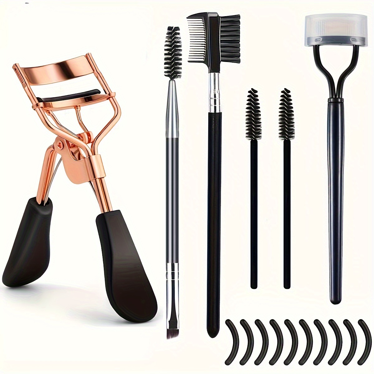 

6 In 1 Lash Curler Set Eyelash Curler Eyebrow Brush Kit For Women With Lash Curler, Eyelash Comb Seperator, Mascara Brushes, Angled Eyebrow Brush And Comb, 10 Silicone Refills Pads For