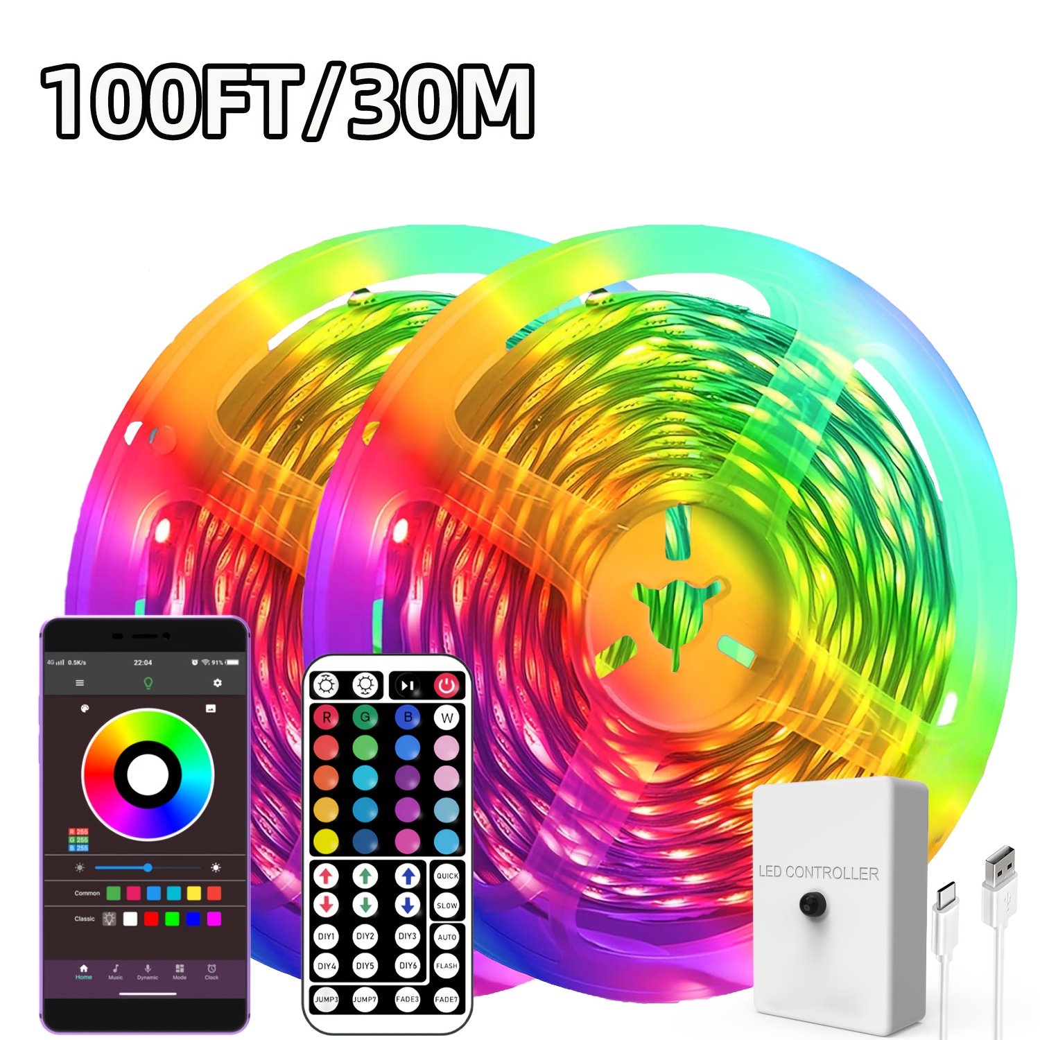 TEMU Intelligent Rgb Led Strip Lights In Lengths From 1m To 30m, Featuring Music Synchronization, Remote And App Control, Timer Functions, A Of