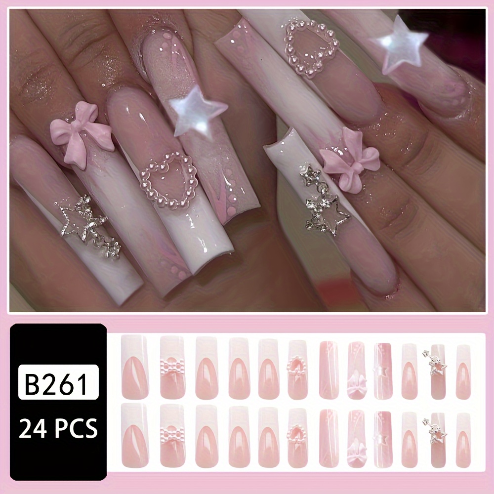 E-shop 24 Stück pro Box Lange Wasserrohr Nagel Aufdrück-Style French 3D Perle Herz Perle Schleife Falsche Nägel Funkelnde Metallische Sterne Elegante