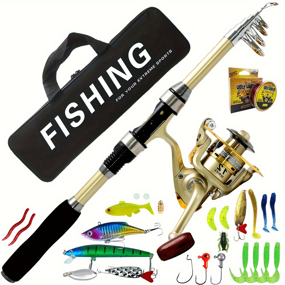 70.87inch Golden Fishing Rod And Spinning Reel Set, Fishing Accessories  With Storage Bag