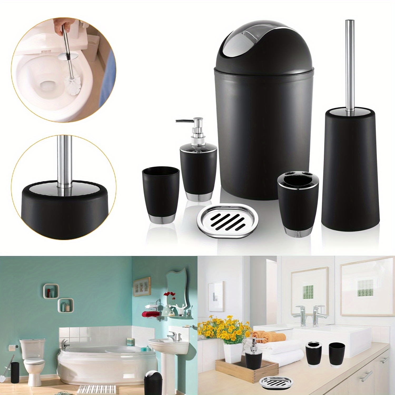 

6pcs Bathroom Accessory Set - Plastic Bathroom Accessories, Including 1 Cup, 1 Toothbrush Holder, 1 Soap Dish, 1 Hand Sanitizer Bottle, 1 Trash Can, 1 Toilet Brush