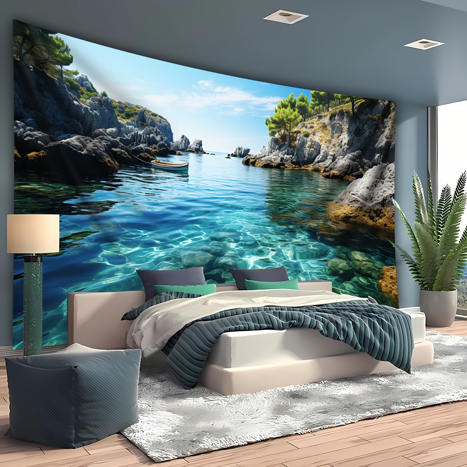 Large Landscape Landscape Wall Tapestry Blue Sea Mountain Decor_voghion.com