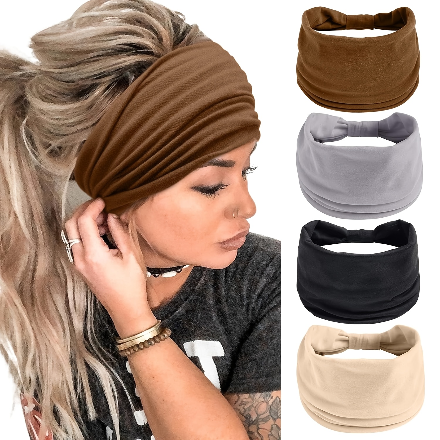 TEMU Set da 4 pezzi di Fascie Larghe Eleganti in Stile Boh矇mien, Fascie Elastiche Invernali , Fascie Sportive Antiscivolo, Elastiche Nere