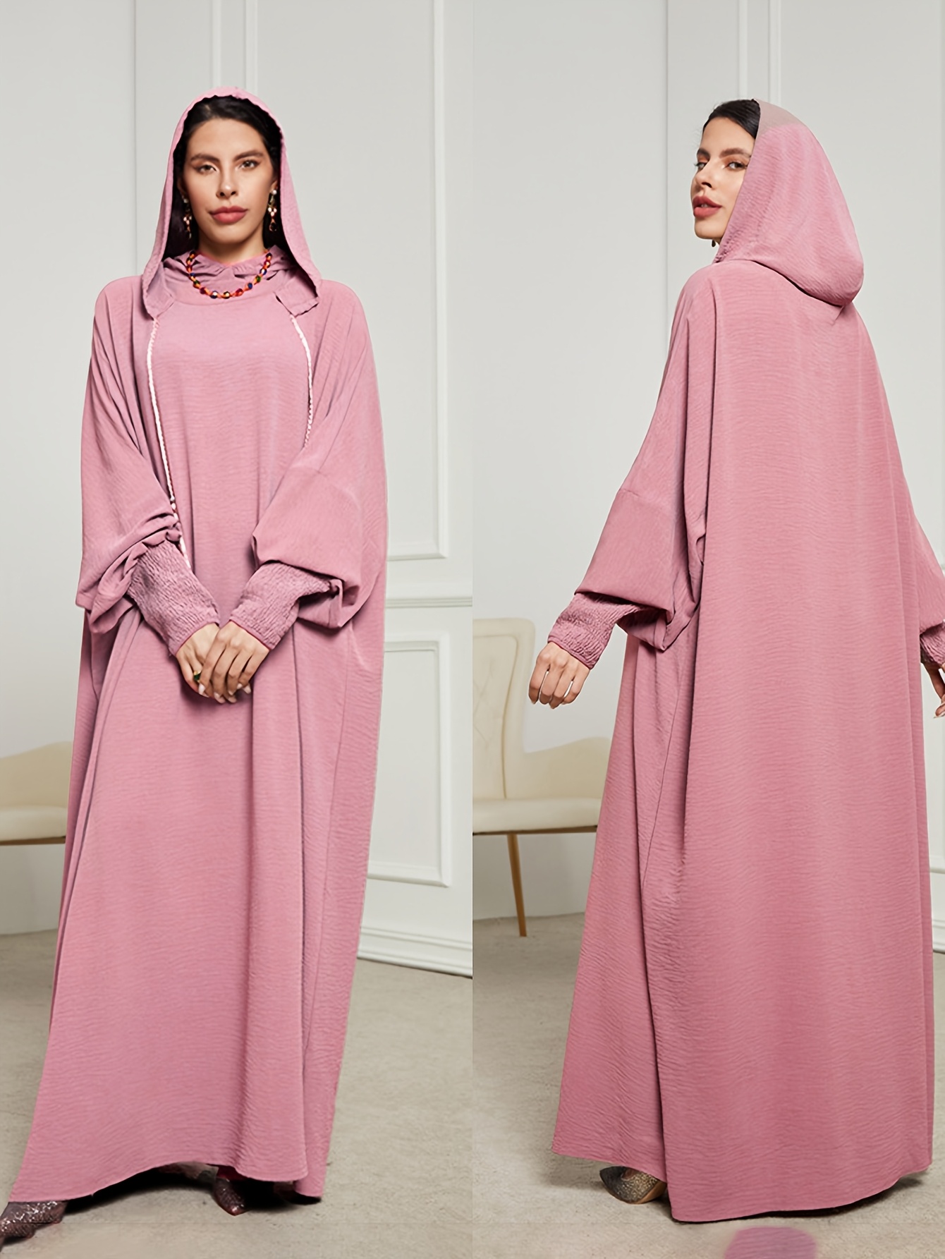 muslim hooded robe olive green middle eastern arab turkish style casual loose fit with long sleeves and tassel detail 0