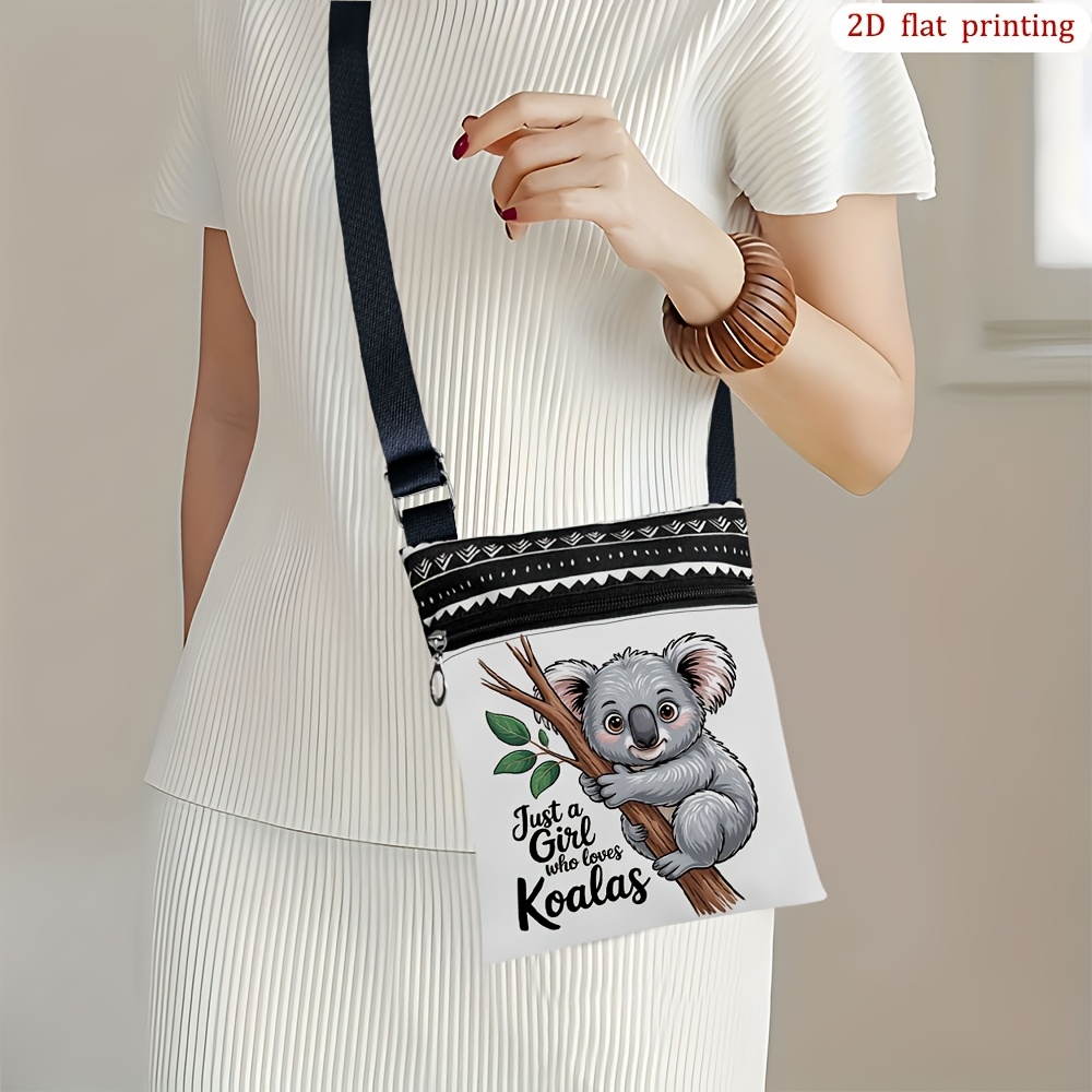 TEMU 1pc Koala & Branch Print Crossbody Bag - Lightweight Small Shoulder Purse With Adjustable Strap & Zipper Closure, Cute Koala For Daily Use,
