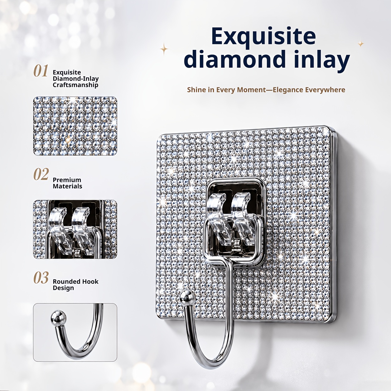 TEMU Ganci adesivi resistenti con strass senza foratura, appendini scintillanti senza , gancio per asciugamani da bagno, cucina, borsa, vestiti