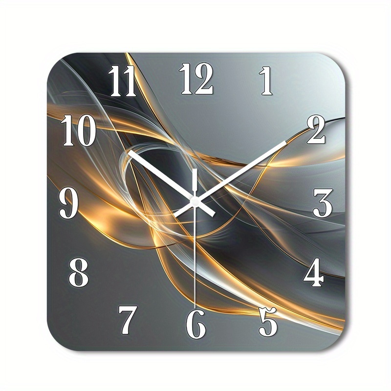 TEMU () 1pc Silent Wall Clock Non-ticking Wooden, Decorative Square Clock Hd Glossy Lamination Finish Abstract Metallic Swirls Design For Foyer,