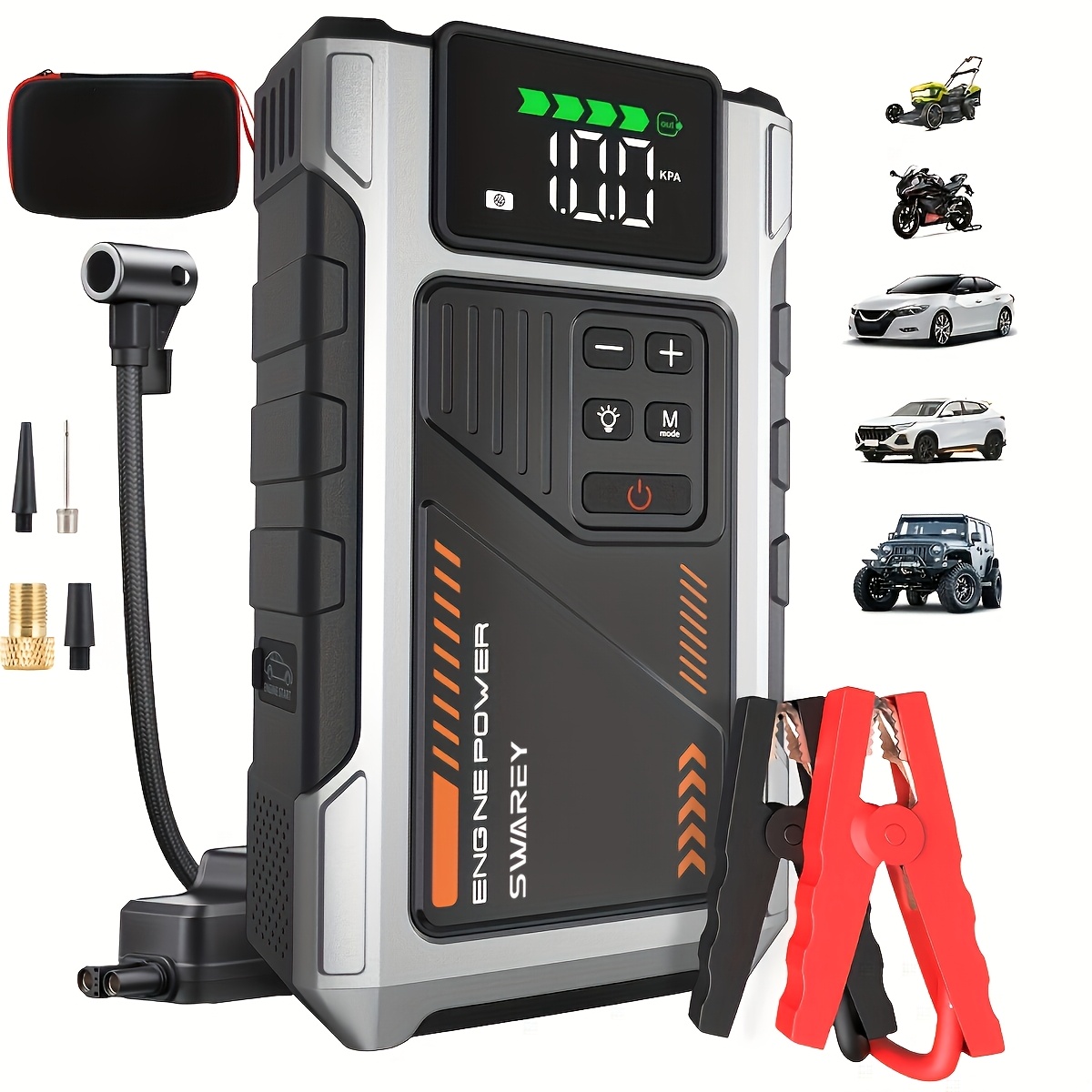 E-shop 12000mAh Starthilfe Powerbank, 6000A Autobatterie Booster 12V Starthilfe mit 150PSI Reifenfüller, tragbarer Luftkompressor, mit LCD-Display,