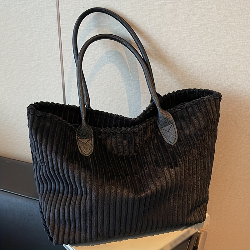 Women's Corduroy Tote Bag Large Capacity Elegant Handbag With Fixed Shoulder Strap & Zipper Closure, Soft Corduroy Hand Carry Purse For, Shopping, Travel - /grey//, Striped &, Hand Or