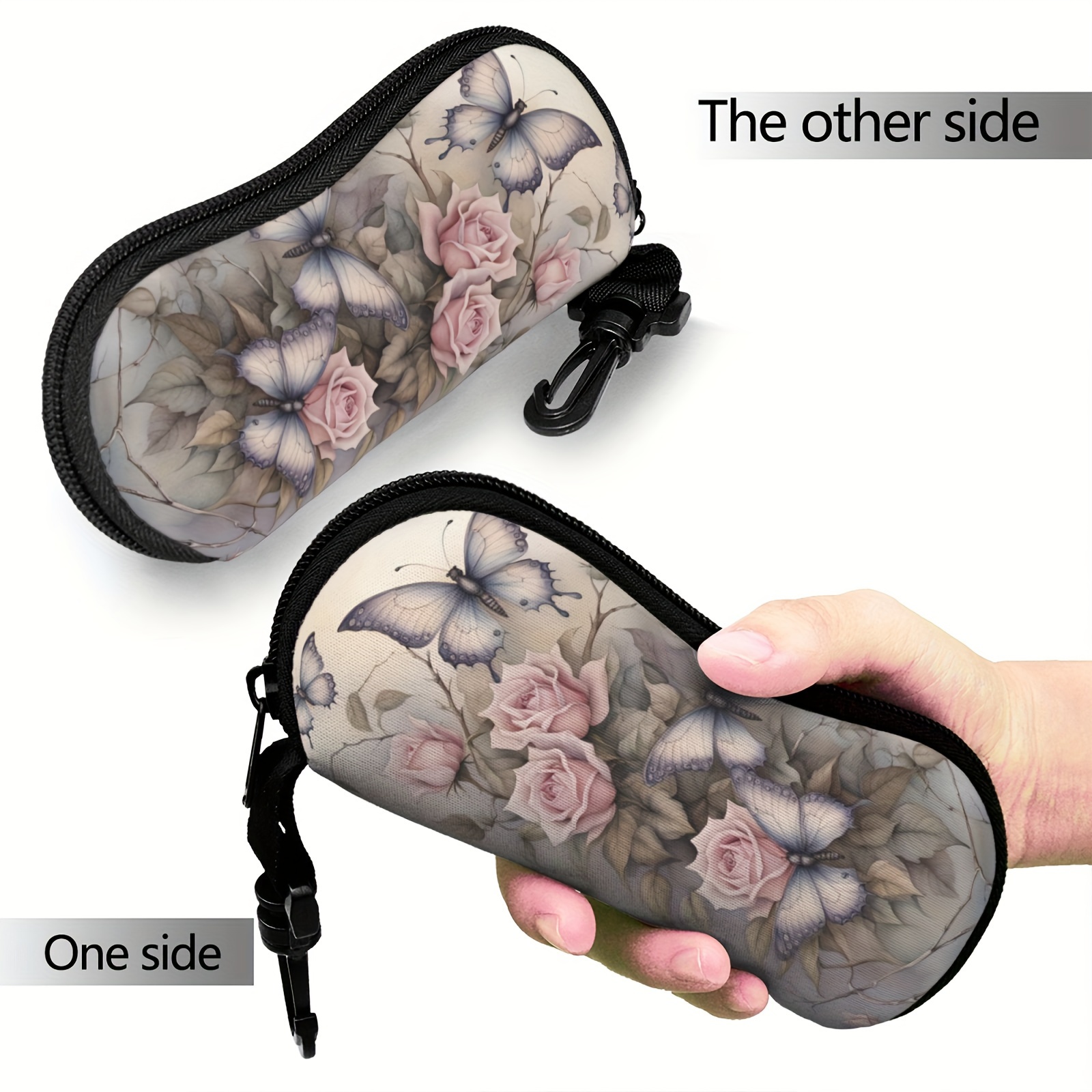 flowers and butterflies glasses case portable rubber zipper glasses case with unglasses cover for womens fashion details 5