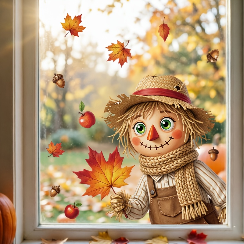 Image of Cute Window Sticker, Autumn Fall Maple Leaf Red Harvest Thanksgiving Static Window Cling, Double-sided , No Glue No Residue Decals For Farmhouse Cafe Bedroom Living Room Front Door Decor