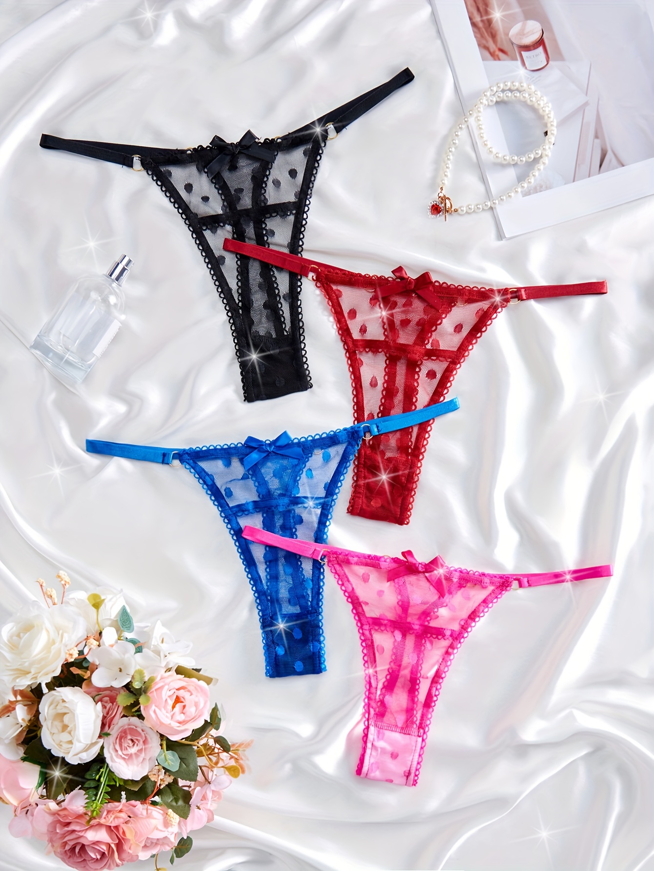 7 Pcs Sexy Days Of The Week Underpants Colorful Lace Thongs, Solid Color V  String Ring Semi-Sheer Lace Thongs, Women's Lingerie & Underwear