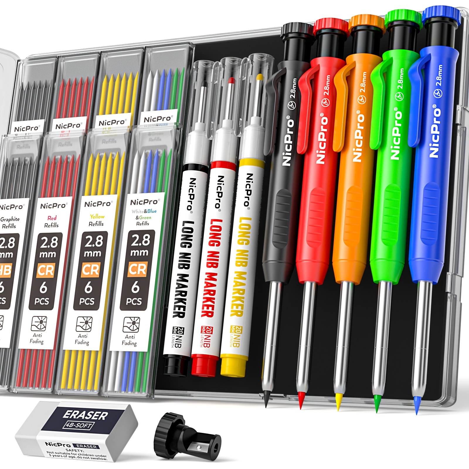 5pcs Construction Pencils With Sharpener, 3pcs Long Nib Marker Pens For Marking, Construction Mechanical Pencil With 48 Refills, Heavy Duty Marking Tool, Deep Hole Markers For Architectural Marking