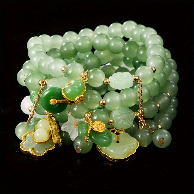 

7pcs Elegant Green Beaded Bracelet Set With & Lily Pendants - , Vintage Chinese Style, Casual Attire Or Gift-.