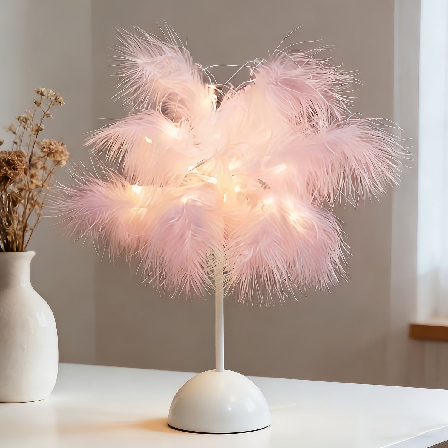 E-shop Rosa LED-Lichterkette, batteriebetriebenes künstliches Federlicht, Kippschalter, Märchenlicht für Heimdekoration, geeignet für Zuhause, Café,