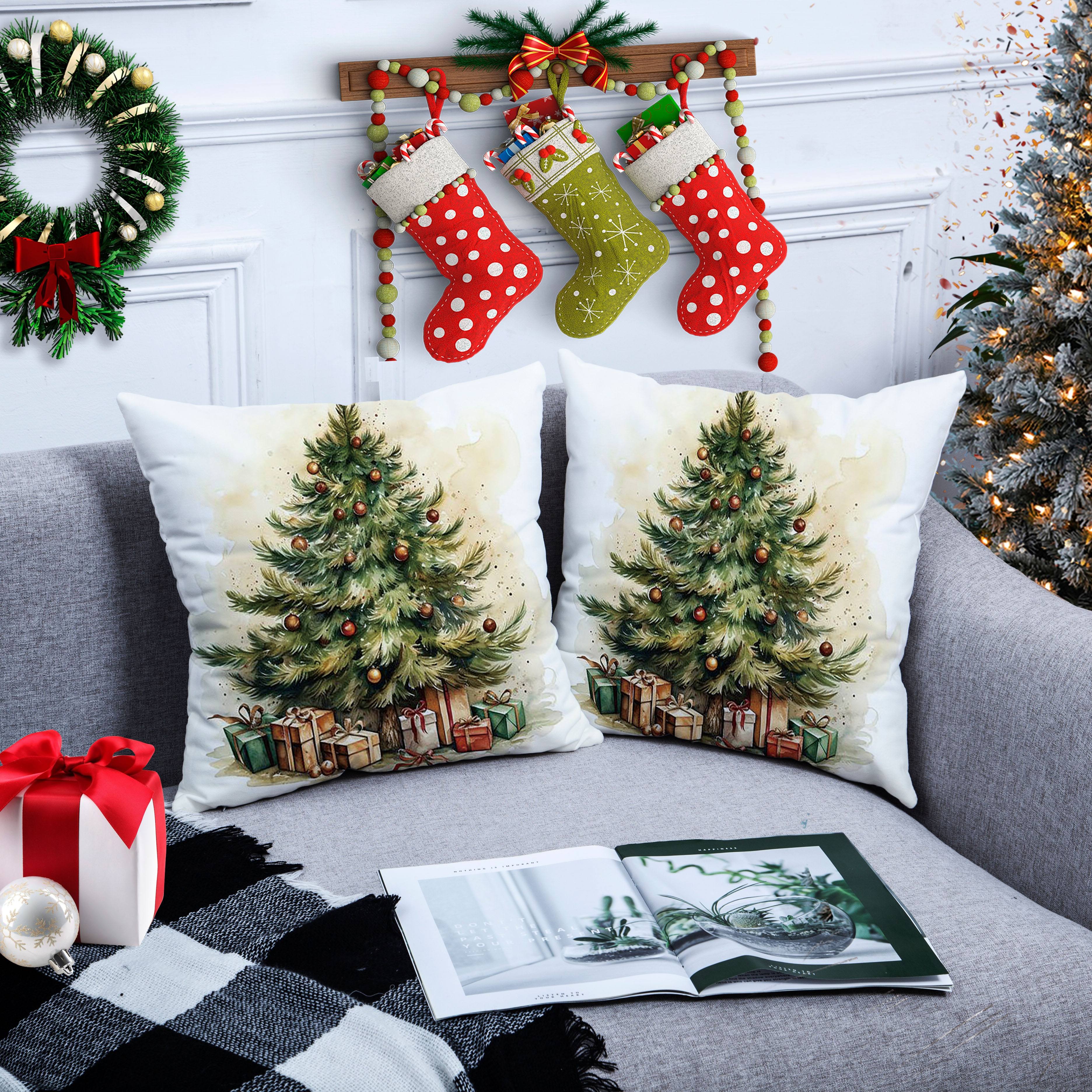 

Vintage Christmas Tree Throw Cushion Covers, Set Of 2, Machine Washable, Decorative Zippered Print Cases For Sofa, Bedroom, Living Room Car Decor, Woven Polyester Fabric, Holiday Design
