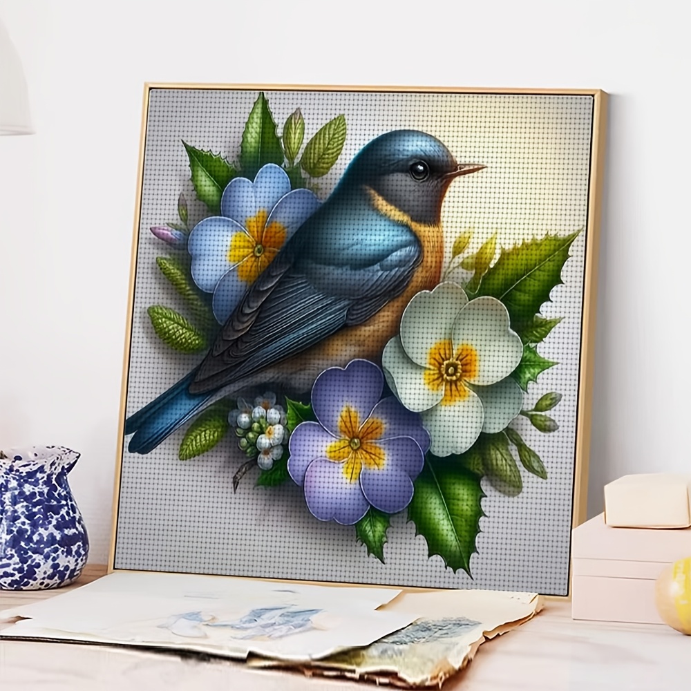 Frameless Cross-Stitch Embroidery Kit, Blue Bird Surrounded by Flowers