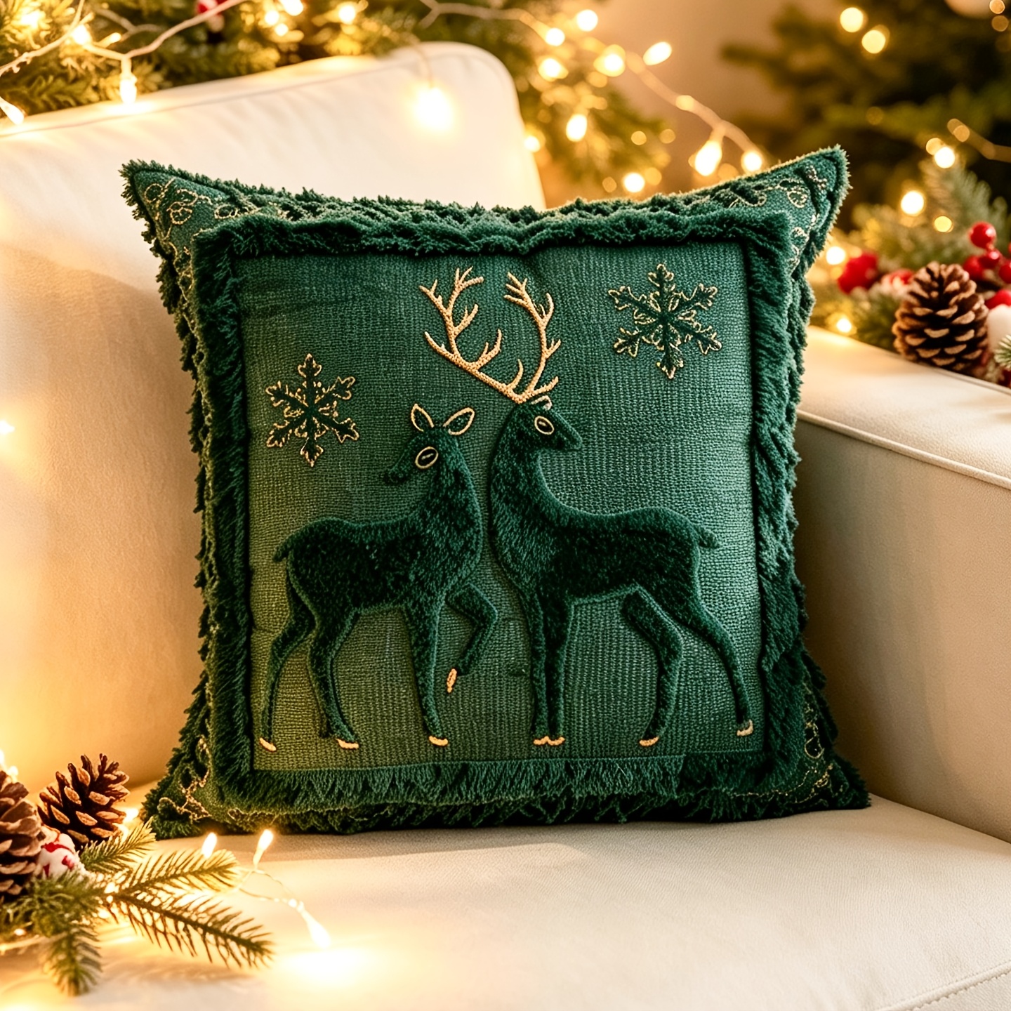 TEMU 1pc 3d Embroidered Christmas Reindeer Pv Velvet Pillowcase, Pillow Insert Not Included, Christmas Themed, Autumn/winter Living Room Bedroom Home