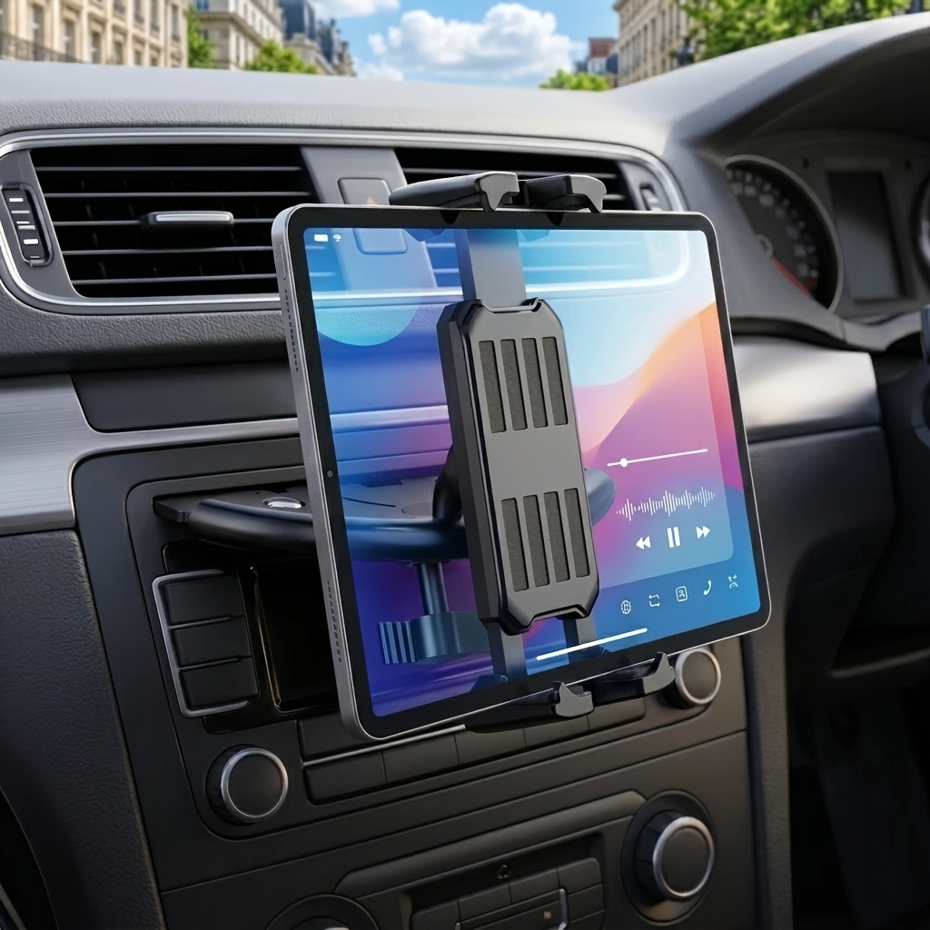 TEMU Cd Slot Car Mount Phone Holder For Tablets & Smartphones - Adjustable Dashboard Cradle With 360° Rotation, One-hand Operation Suitable For