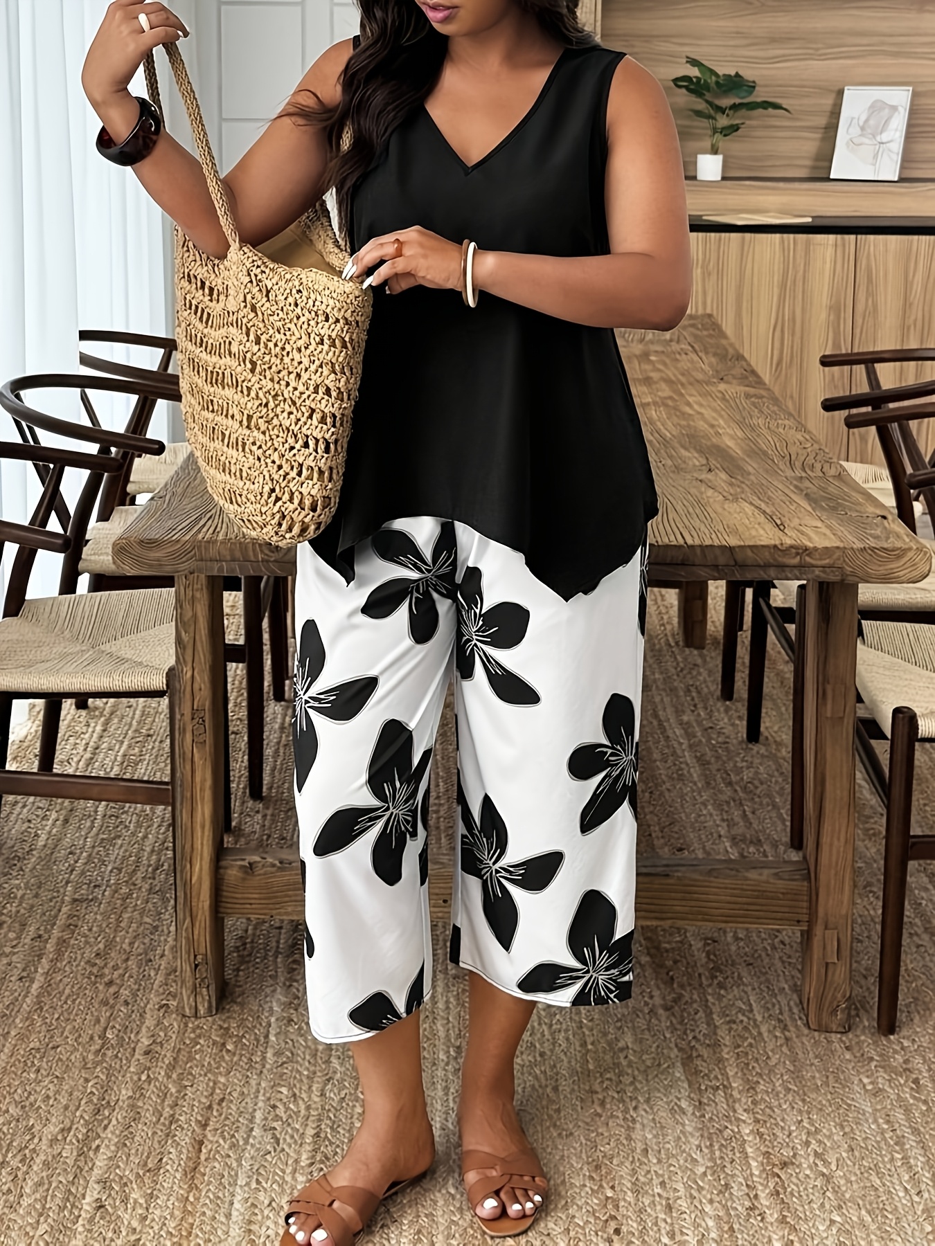 plus size plus size 2pcs sleeveless casual floral print holiday set