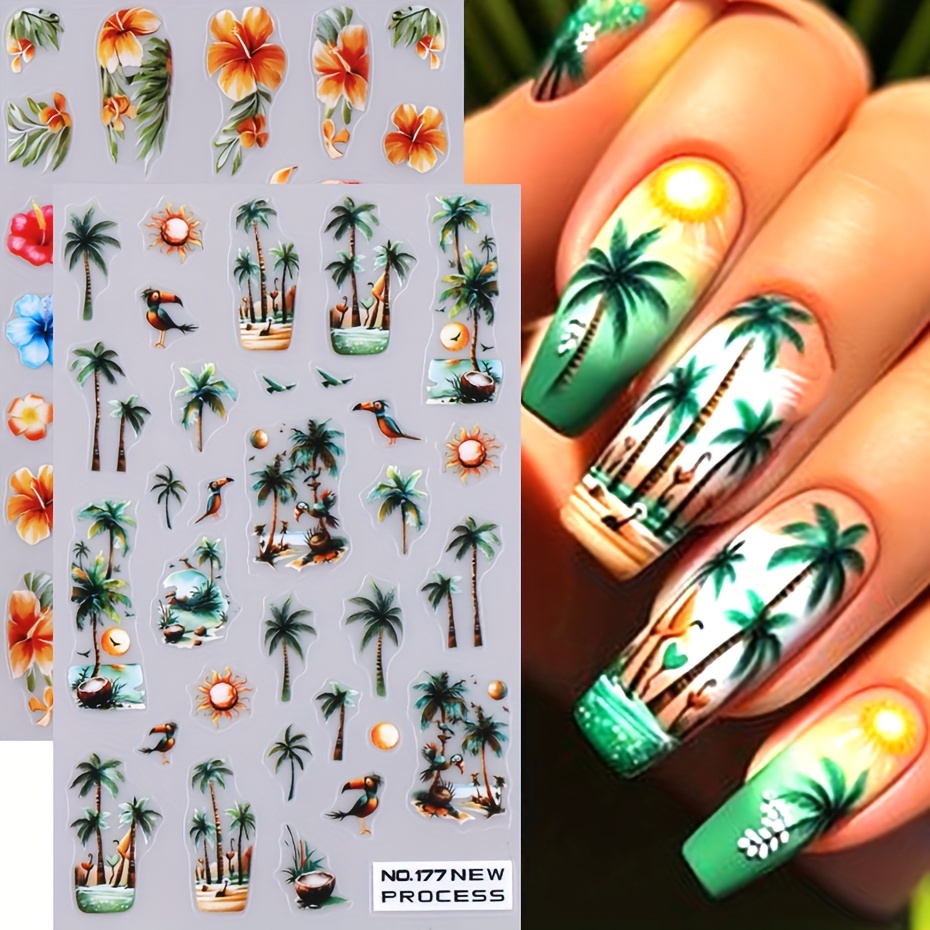 tropical nail art stickers decals set 2 sheets self   palm tree flamingo flower designs glossy   with glitter   plastic single use plant theme for diy manicure no 176 177
