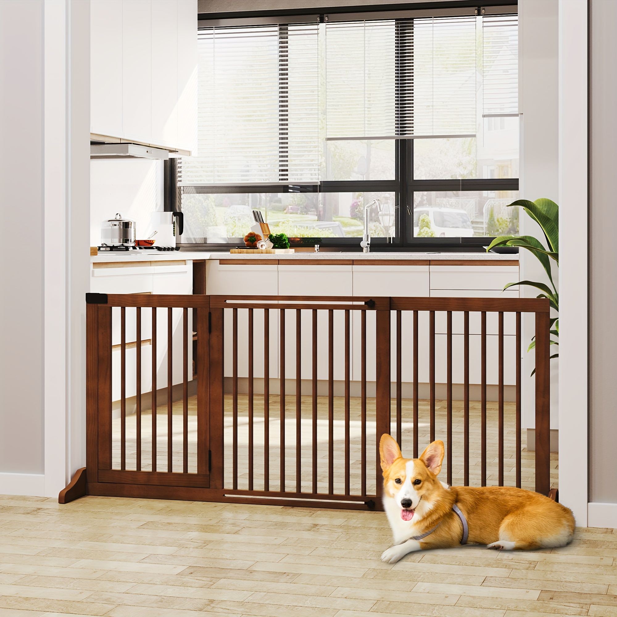 

Pawhut Adjustable Wooden Pet Gate, Freestanding Dog Fence For Doorway, Hall, 3 Panels W/ Safety Barrier, Lockable Door, Brown, 44.5"-65.25" L X 14.25" H