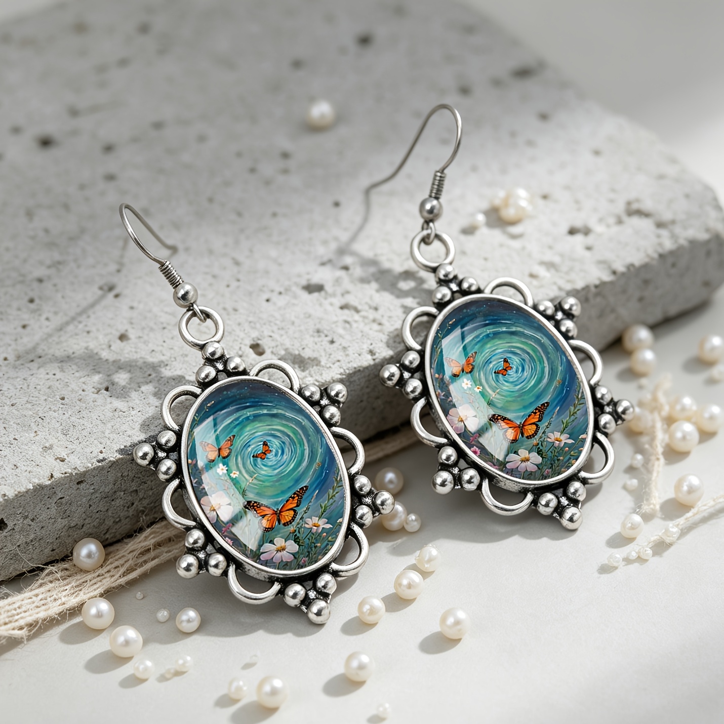 Dreamy Vortex Butterfly Pattern Oval Earrings, Retro Elegant