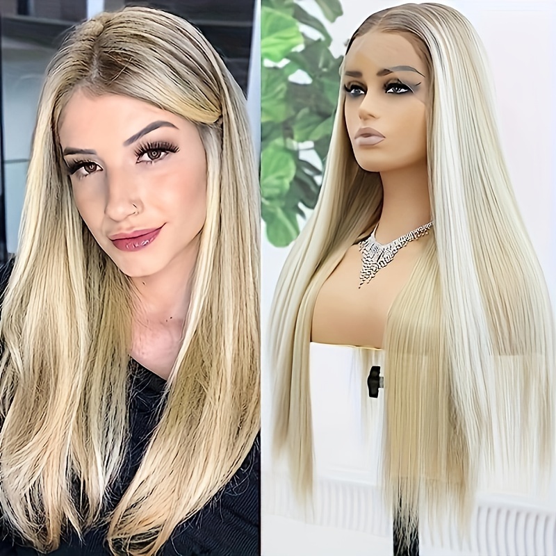 

13*6 Synthetic Lace Front Wig Ombre Ash Platinum Blonde Highlight Straight Hair For White Women Long Dirty Blonde Stripe Color Glueless Lace Front Wigs Heat Resistant Wig For Daliy (26 Inch)