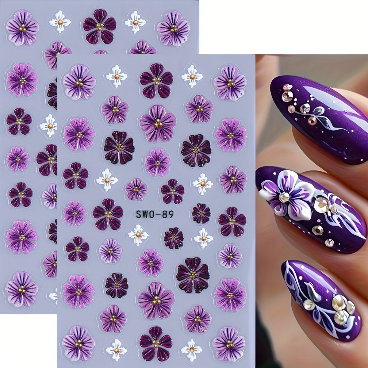 Set Of 2pcs Of 5d Embossed Nail Art Stickers Featuring White And Purple Fairy Orchids - Vibrant Transparent Floral Decals With Detailed Petals, Self-adhesive Sliders Perfect For
