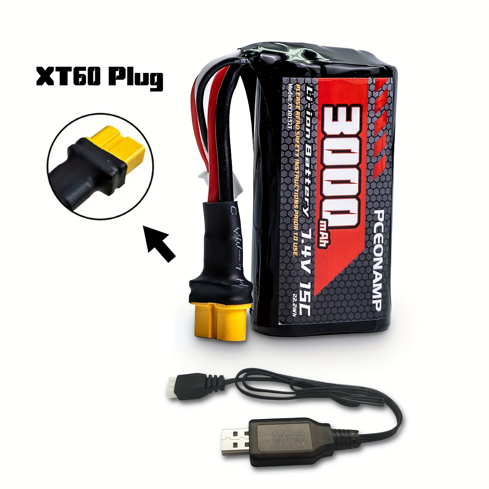 7,4V 2000mAh Lipo Akku Mit XT60 Stecker & USB-Ladekabel – Für RC Autos, Drohnen, Boote & Modellbau