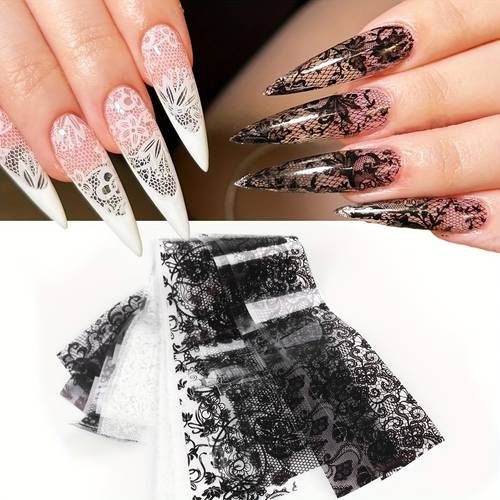 black white lace nail art transfer foil paper y2 lace pattern style manicure no