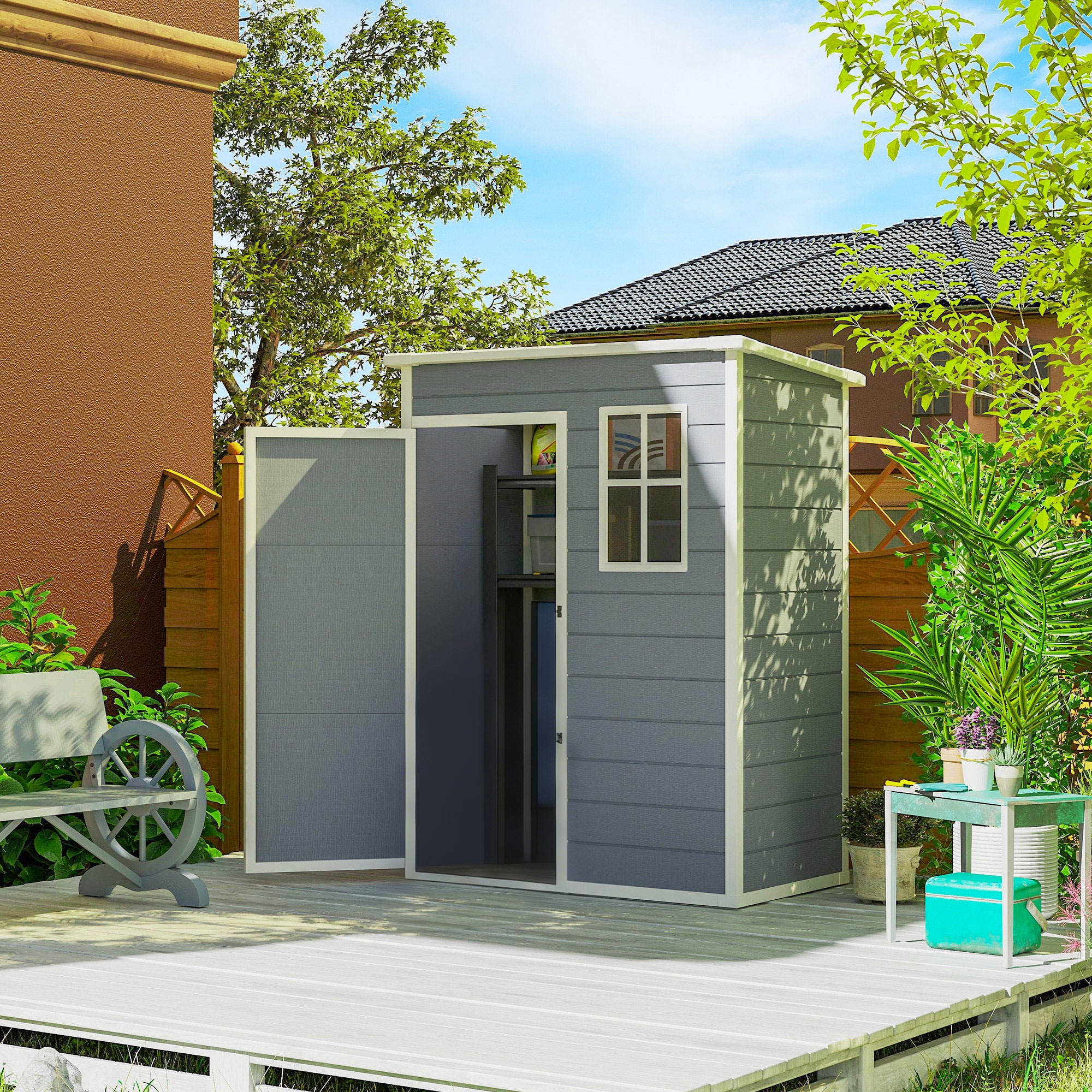 TEMU Outsunny 5' X 3' Garden Shed W/ Floor, Lockable Door, Window And Vent, Grey (temporary, Removable)