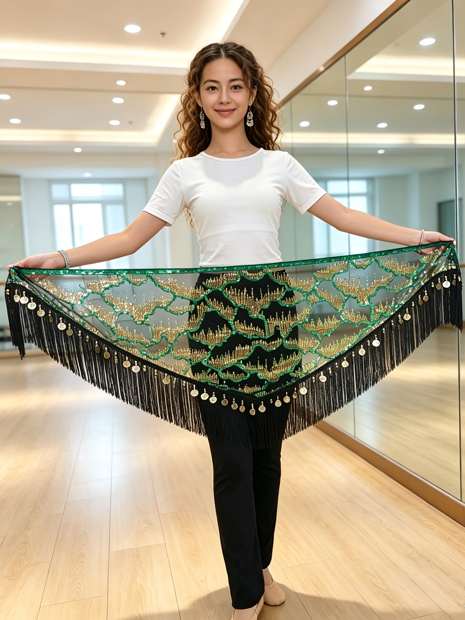 Women's Belly Dance Hip Scarf Sequined Mesh Triangle Wrap Skirt
