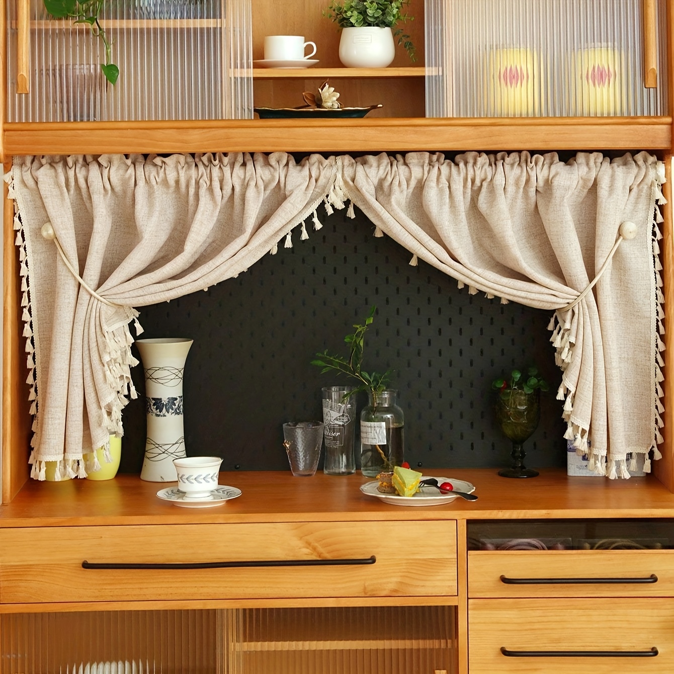 TEMU 1pc Of Light Khaki Polyester-linen Curtain, Japanese Country Style, With Tassel Lace Border, Used As A Room Divider, Small Curtain, Decoration