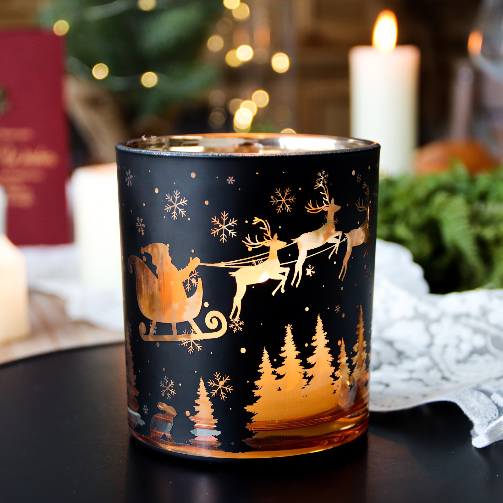 14oz Black Pillar Candle Holder - Vintage Glass Christmas Decor With Reindeer, Tree & Designs - & Living Room