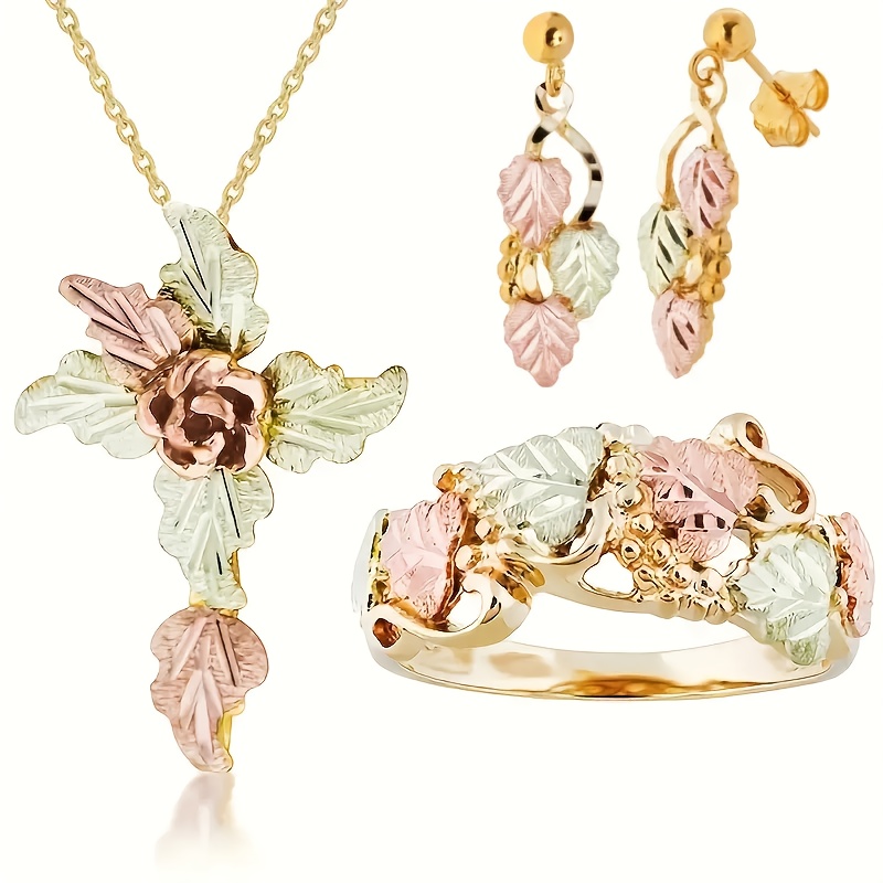TEMU 4pcs Elegant Leaf Jewelry Set. Fashionable And Exquisite Earrings, Necklaces, And Rings Suitable For Women' Wear. Gifts To Sisters And Mothers