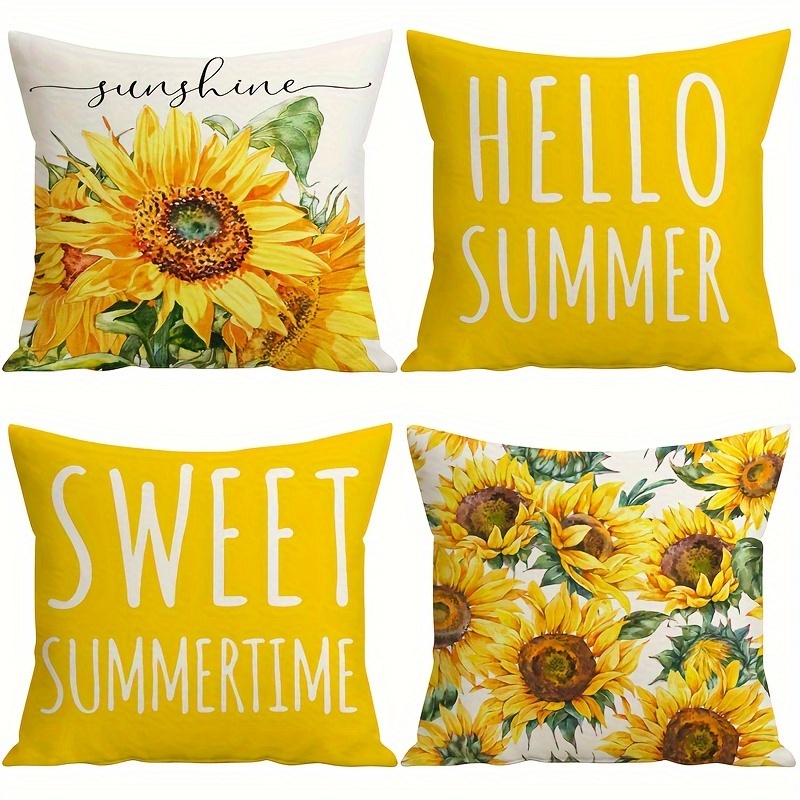 

4pcs, Summer Pillow Covers 18x18 Inch Watercolor Sunflowers Throw Pillow Covers Yellow Hello Summer Decorations Sweet Summer Time Cushion Covers For Sofa Couch (cushion Not Included)