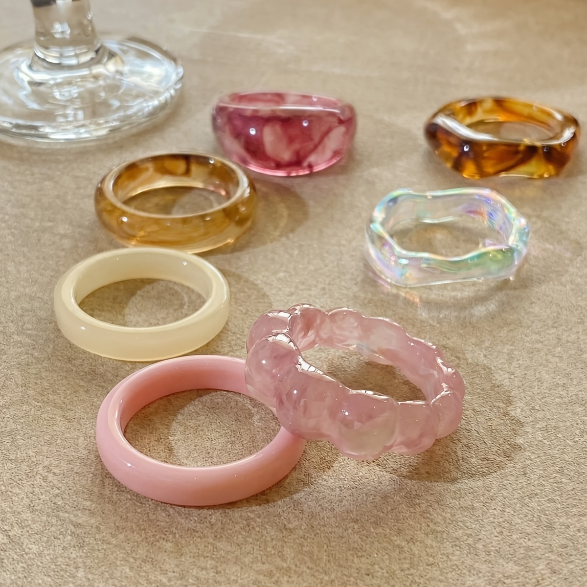 TEMU 7pcs Chunky Resin Ring Set For Women - Bohemian Wide Band Stackable Marbled & Solid Rings, Jewelry Suitable For Daily Wear, Gift For