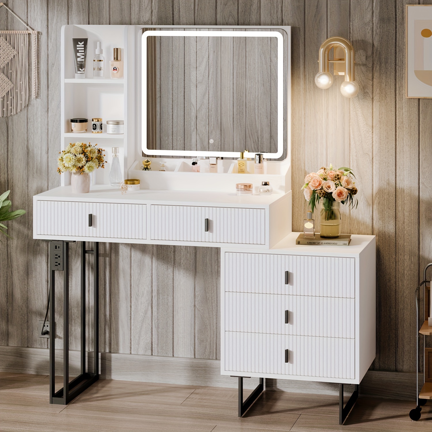 

Vanity Desk With Led Lighted Mirror & Power Outlet, Makeup Table With Drawers & Cabinet, Storage Stool, For Bedroom, White